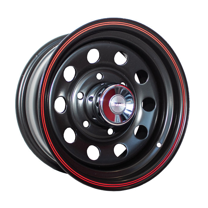6/139/14" Modular 7J Satin Black Dual Red Pinstripe Wheels (Set of 4) for sale online at Evolution Wheel and Tyre.